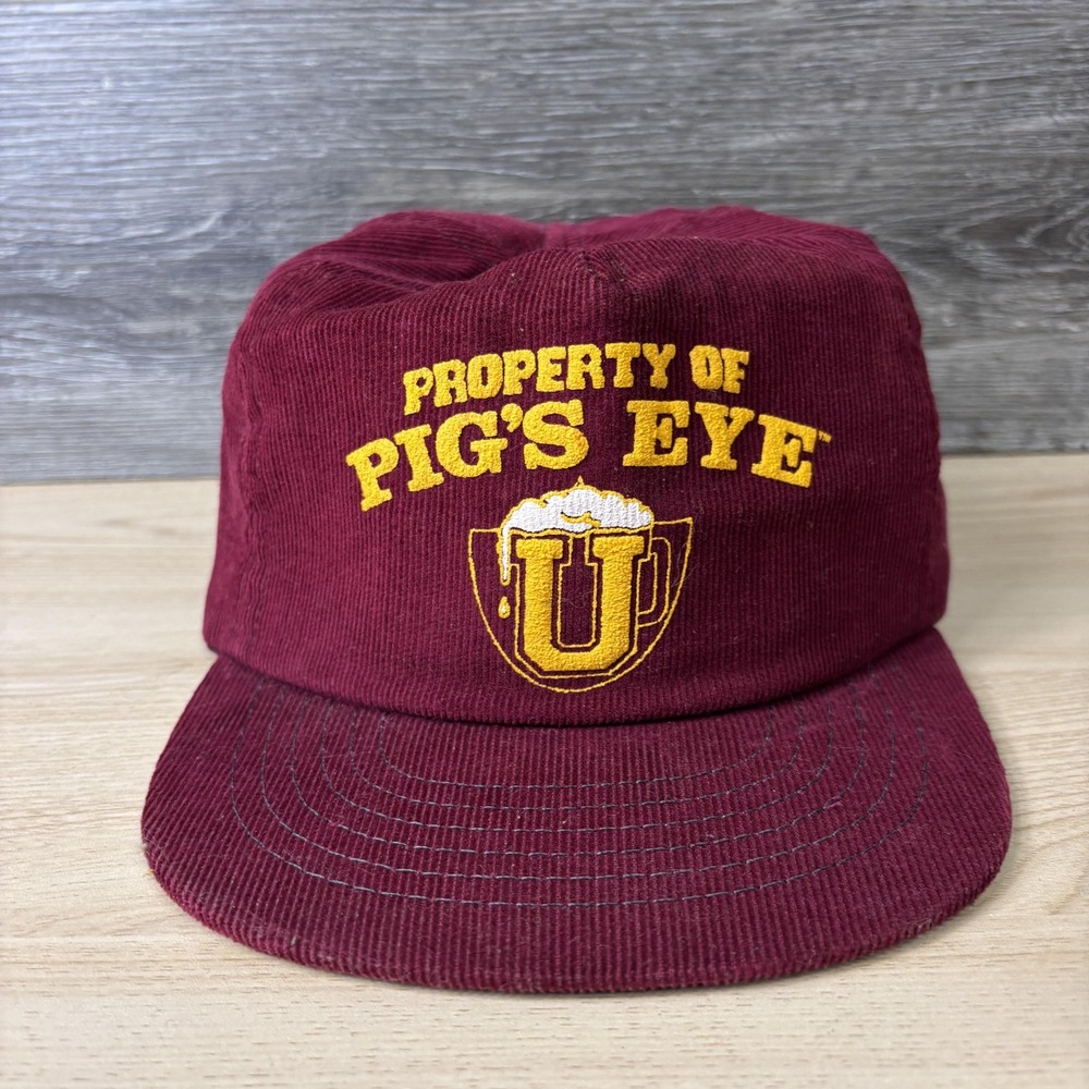 Vintage Pigs Eye Hat Cap Snap Back Burgundy Corduroy Beer Advertising Mens 90s